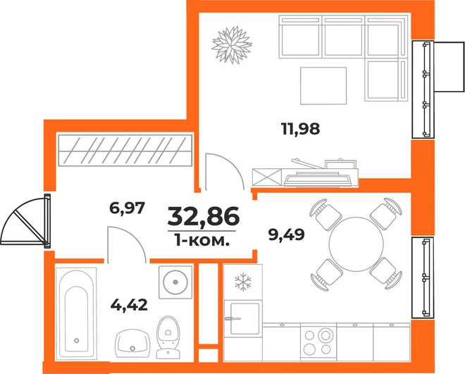 Планировка 1-комн. квартира, 32.86 м² ЖК «Живописный сад» Планировка 1-комн. квартира, 32.86 м² ЖК «Живописный сад»