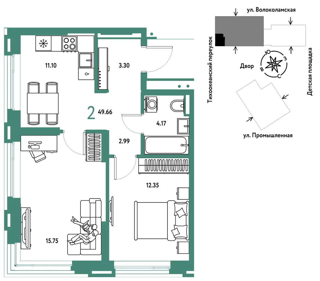 Планировка 2-комн. квартира, 49.66 м² ЖК «Страна Прибрежная»