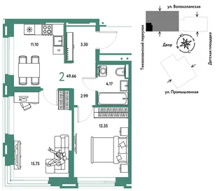 Планировка 2-комн. квартира, 49.66 м² ЖК «Страна Прибрежная»
