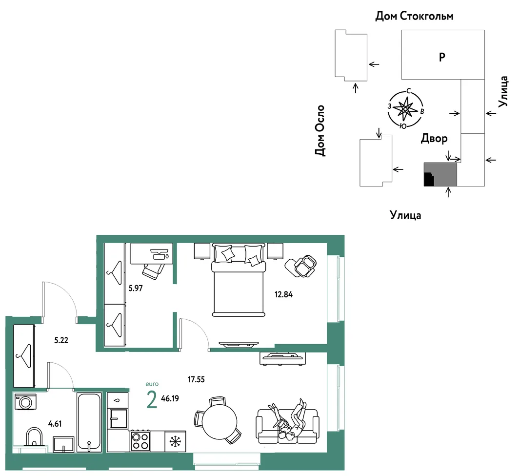 Планировка 2-комн. квартира, 46.19 м² ЖК «Европейский берег 2.0»