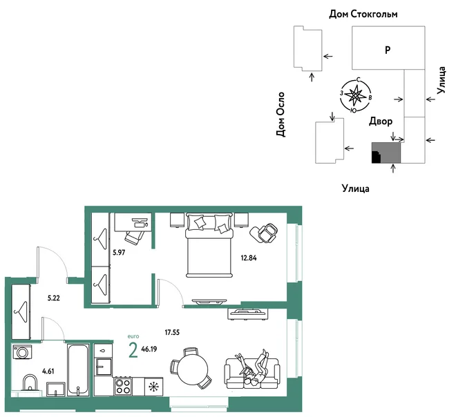 Планировка 2-комн. квартира, 46.19 м² ЖК «Европейский берег 2.0» Планировка 2-комн. квартира, 46.19 м² ЖК «Европейский берег 2.0»