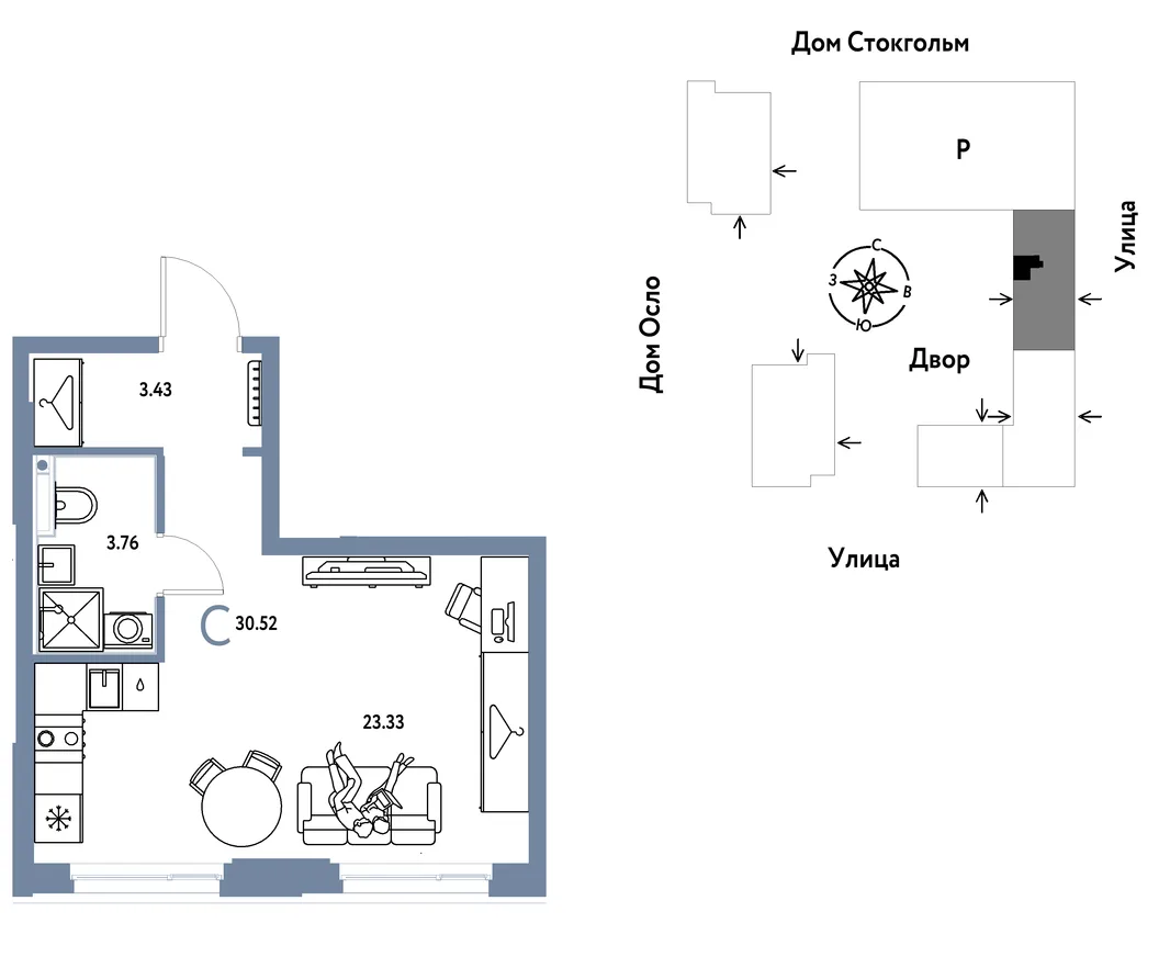 Планировка Студия, 30.52 м² ЖК «Европейский берег 2.0»