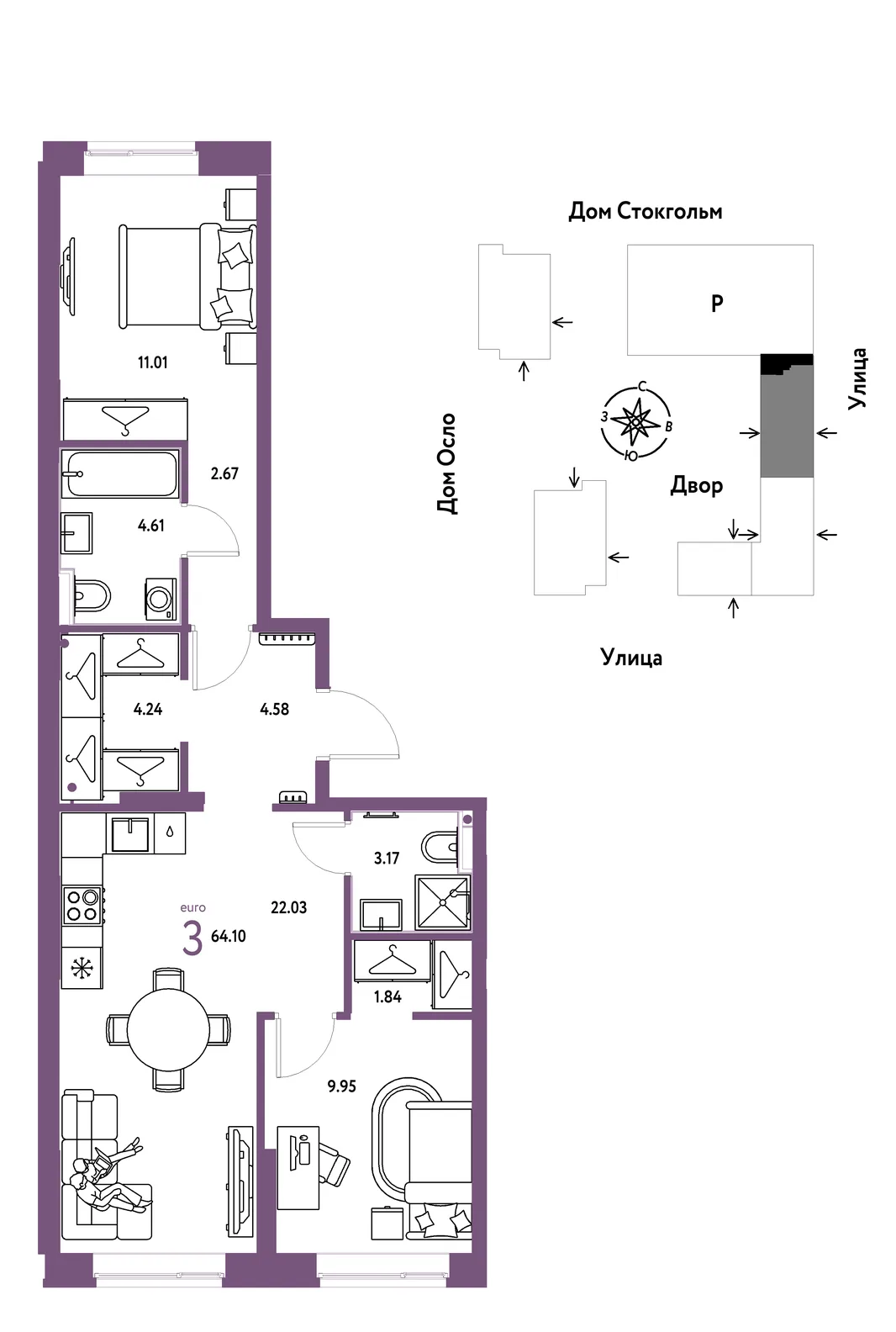Планировка 3-комн. квартира, 64.1 м² ЖК «Европейский берег 2.0»