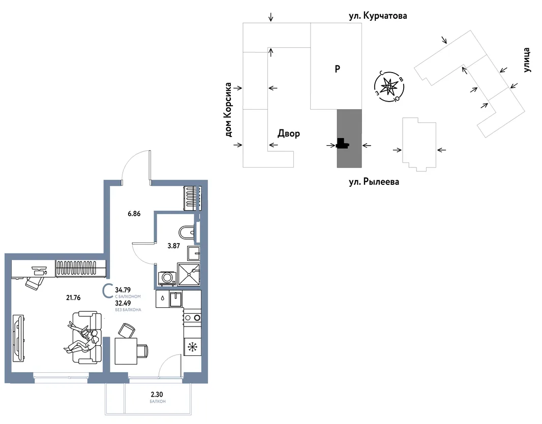 Планировка Студия, 34.75 м² ЖК «Остров-сад»
