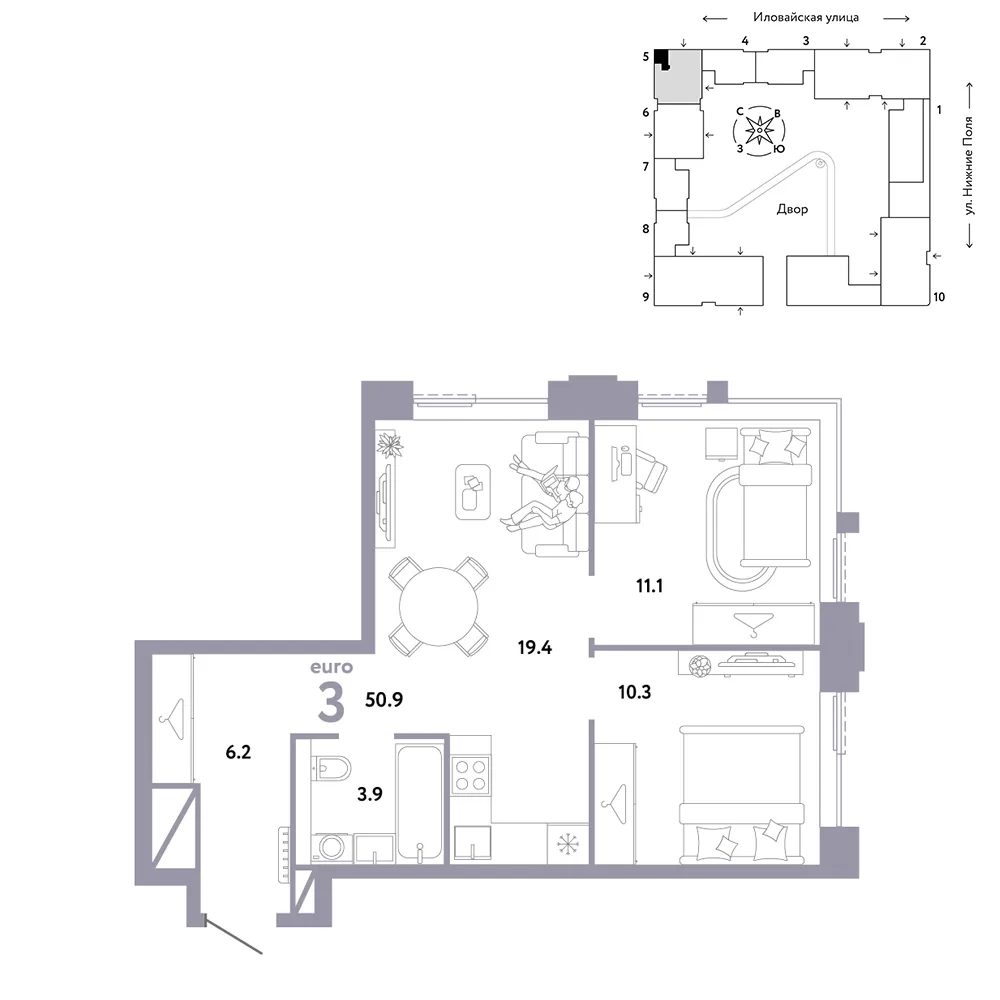 Планировка 3-комн. квартира, 50.9 м² ЖК «Страна.Заречная»