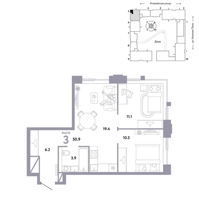 Планировка 3-комн. квартира, 50.9 м² ЖК «Страна.Заречная» Планировка 3-комн. квартира, 50.9 м² ЖК «Страна.Заречная»
