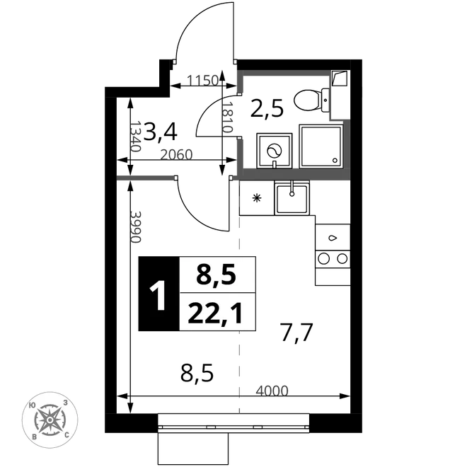 Планировка Студия, 22.1 м² ЖК «1-й Шереметьевский» Планировка Студия, 22.1 м² ЖК «1-й Шереметьевский»