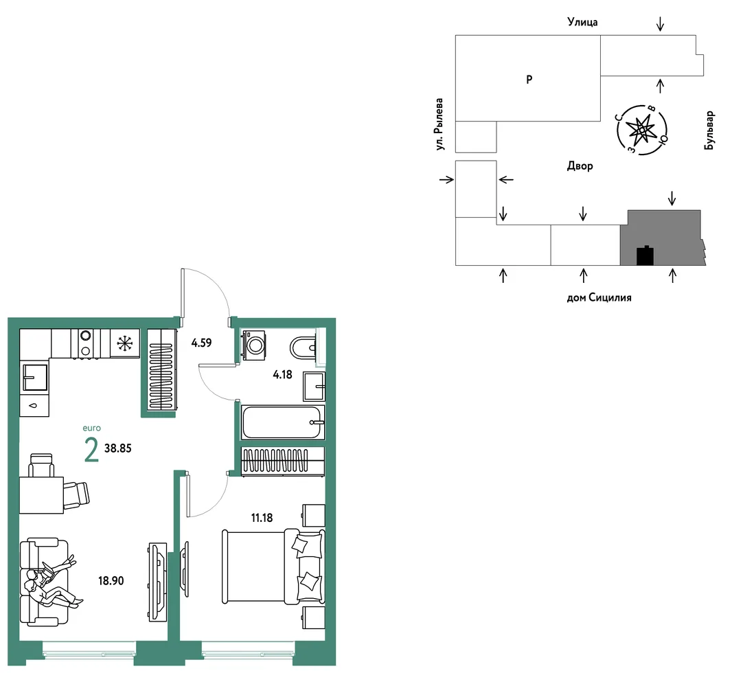 Планировка 2-комн. квартира, 38.85 м² ЖК «Остров-сад»