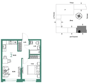 Планировка 2-комн. квартира, 38.85 м² ЖК «Остров-сад»