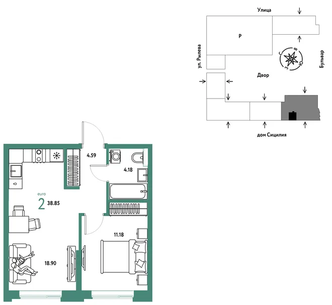 Планировка 2-комн. квартира, 38.85 м² ЖК «Остров-сад» Планировка 2-комн. квартира, 38.85 м² ЖК «Остров-сад»