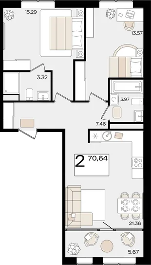 Планировка 2-комн. квартира, 70.52 м² ЖК «Патрики»