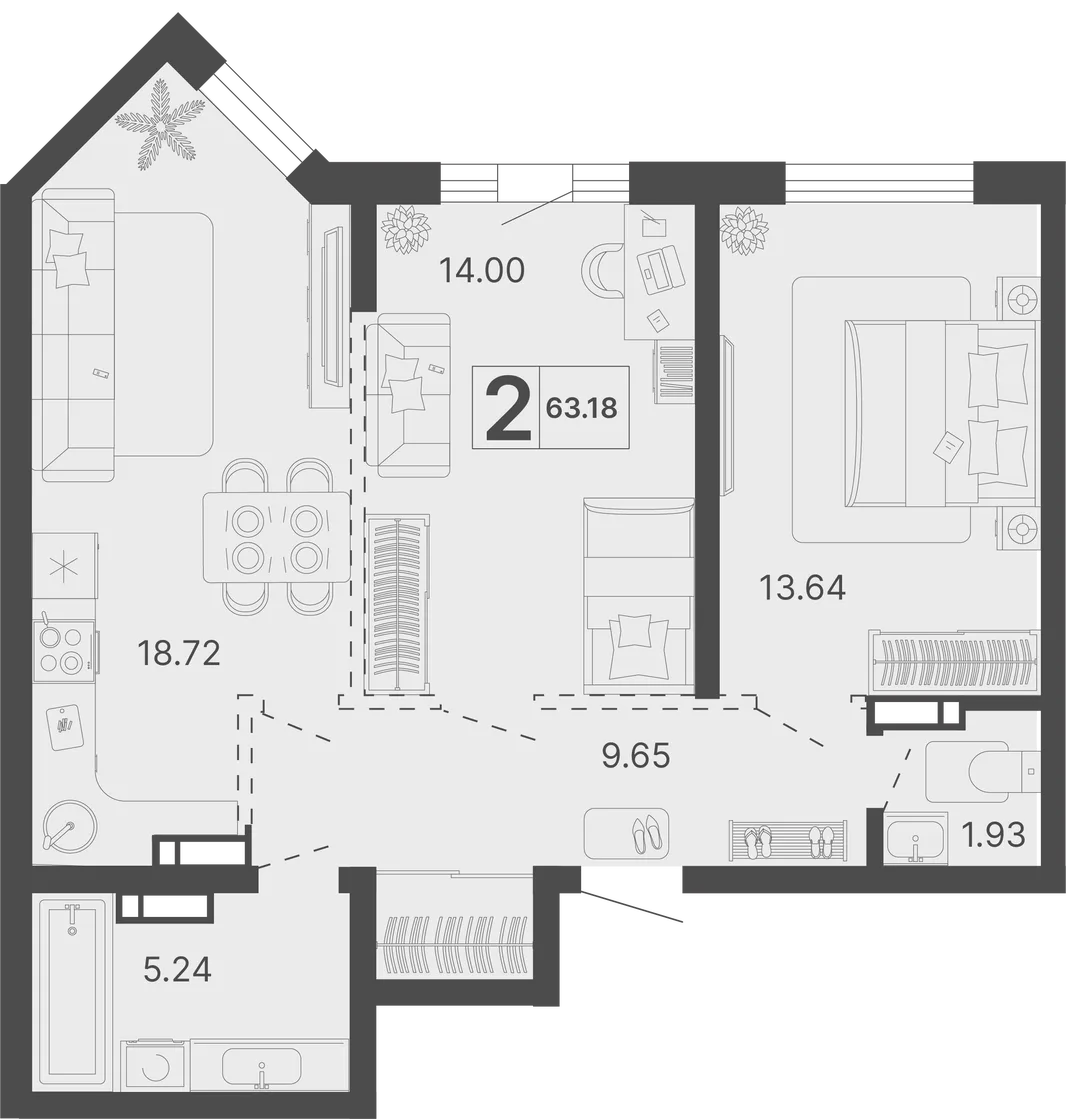 Планировка 2-комн. квартира, 63.18 м² ЖК «Светский лес»
