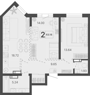 Планировка 2-комн. квартира, 63.18 м² ЖК «Светский лес»