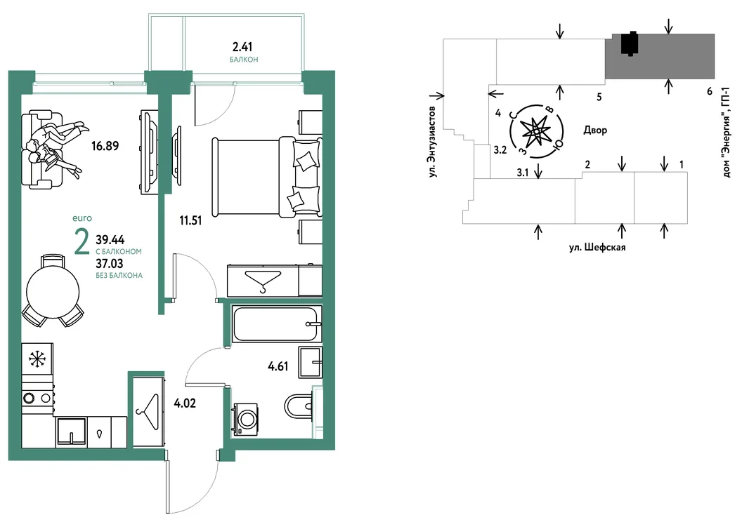 Планировка 2-комн. квартира, 39.44 м² ЖК «Страна.Энтузиастов»