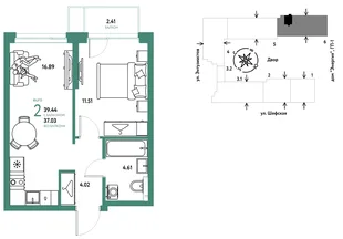 Планировка 2-комн. квартира, 39.44 м² ЖК «Страна.Энтузиастов»