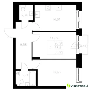 Планировка 2-комн. квартира, 58.92 м² ЖК «Statum»