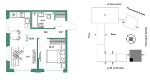 Планировка 2-комн. квартира, 38.47 м² ЖК «Сердце Сибири»