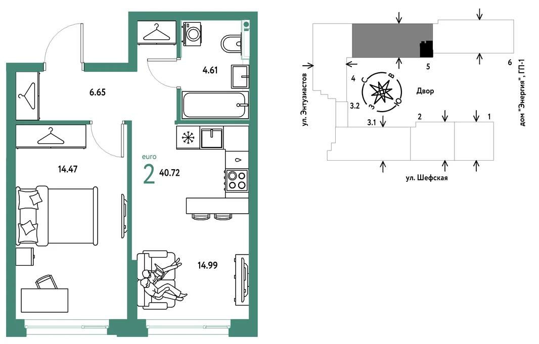 Планировка 2-комн. квартира, 40.72 м² ЖК «Страна.Энтузиастов»