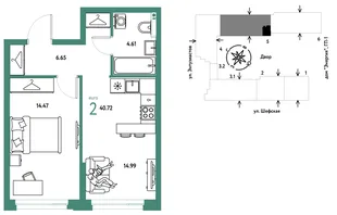 Планировка 2-комн. квартира, 40.72 м² ЖК «Страна.Энтузиастов»