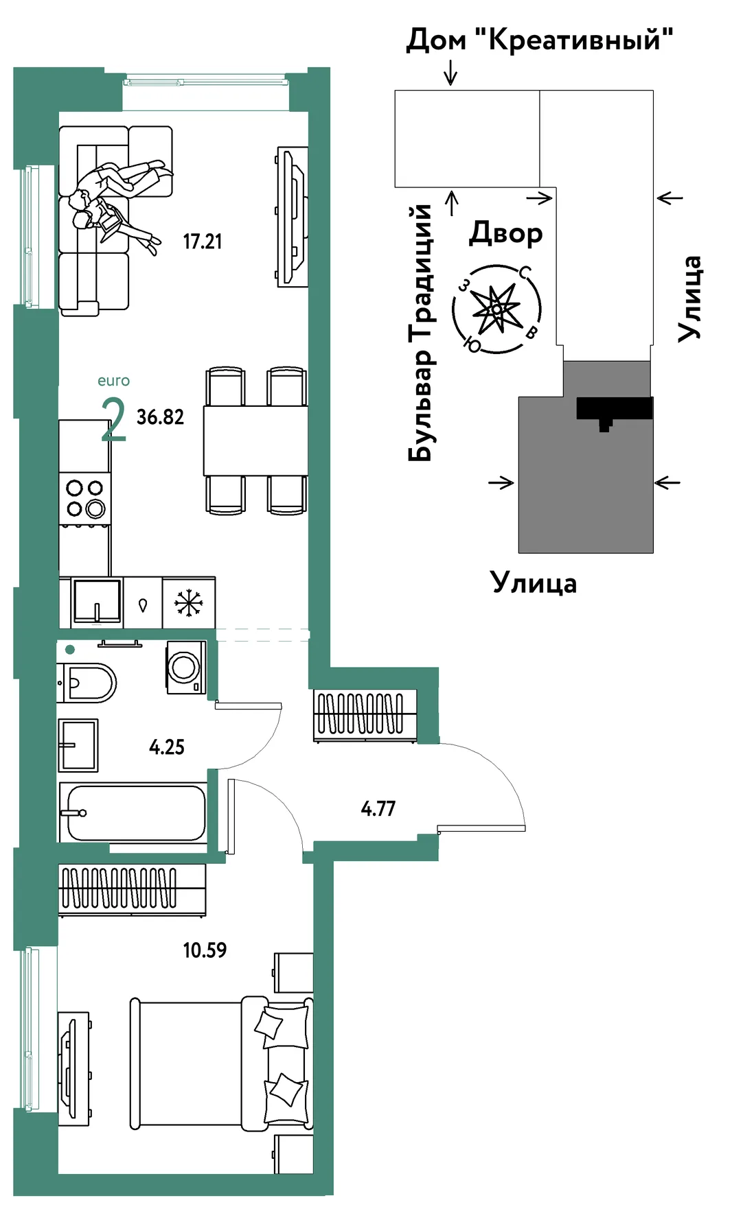 Планировка 2-комн. квартира, 36.82 м² ЖК «Микрорайон Домашний»