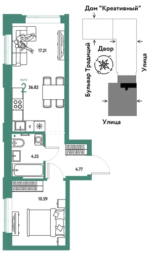 Планировка 2-комн. квартира, 36.82 м² ЖК «Микрорайон Домашний»