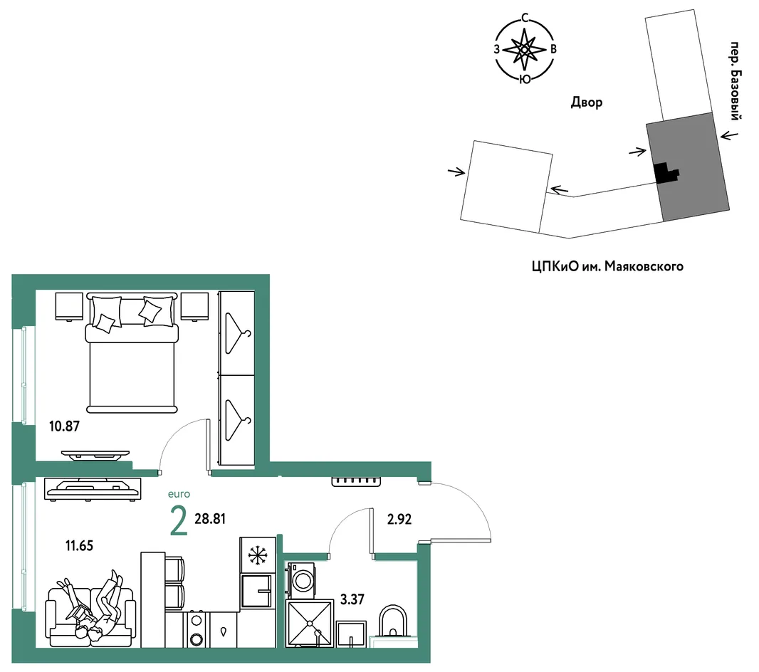 Планировка 2-комн. квартира, 28.81 м² ЖК «Сибирский сад»