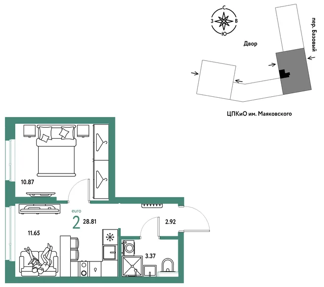 Планировка 2-комн. квартира, 28.81 м² ЖК «Сибирский сад» Планировка 2-комн. квартира, 28.81 м² ЖК «Сибирский сад»