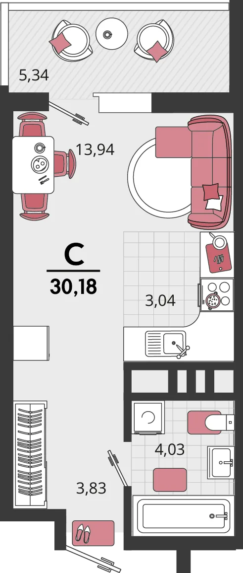 Планировка 1-комн. квартира, 30.18 м² ЖК «Родные просторы»