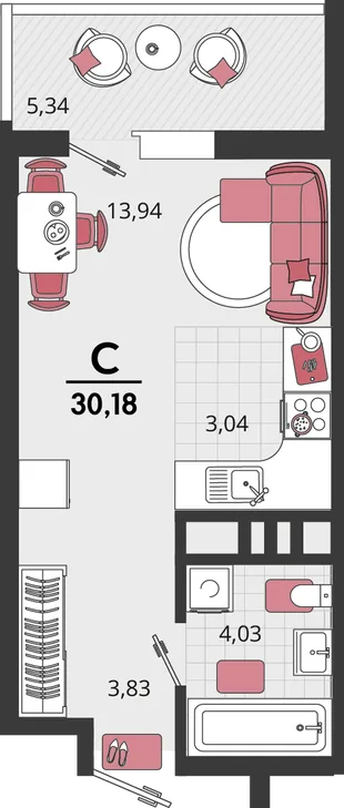 Планировка 1-комн. квартира, 30.18 м² ЖК «Родные просторы»