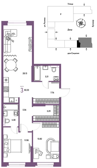 Планировка 3-комн. квартира, 82.33 м² ЖК «Остров-сад»