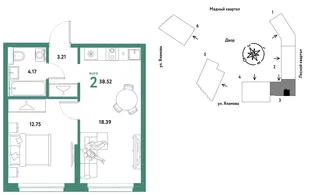 Планировка 2-комн. квартира, 38.52 м² ЖК «Сибирский сад»
