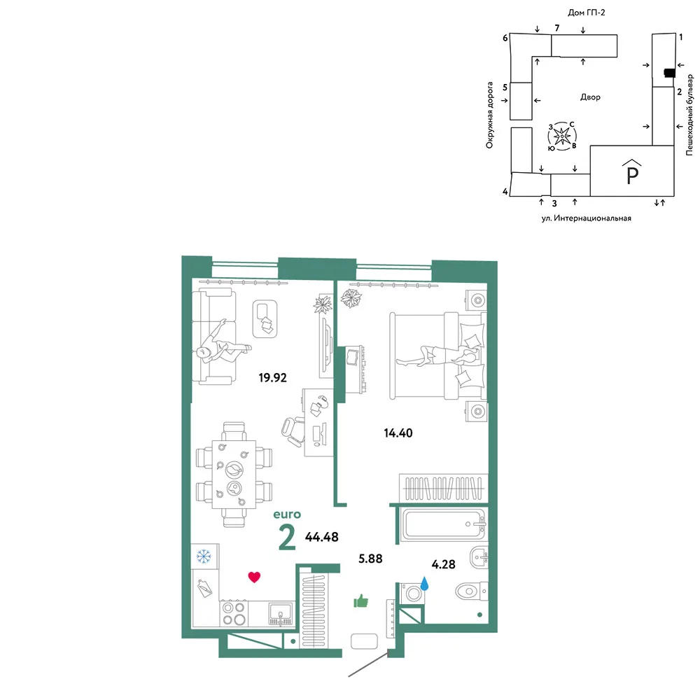 Планировка 2-комн. квартира, 44.48 м² ЖК «Юнион»