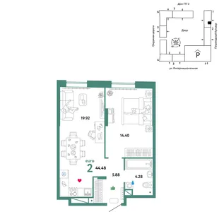 Планировка 2-комн. квартира, 44.48 м² ЖК «Юнион»