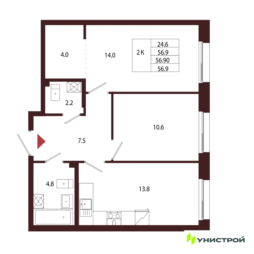 Планировка 2-комн. квартира, 56.9 м² ЖК «Лисино»