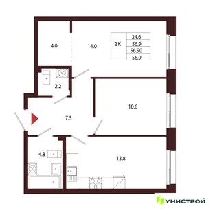 Планировка 2-комн. квартира, 56.9 м² ЖК «Лисино»