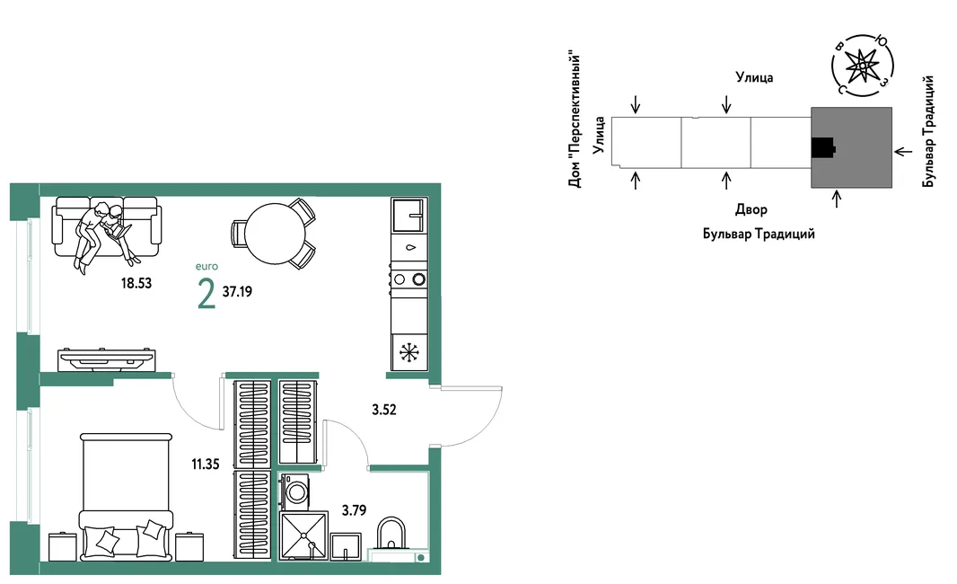 Планировка 2-комн. квартира, 37.19 м² ЖК «Микрорайон Домашний»