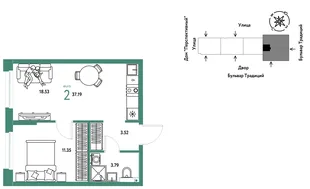 Планировка 2-комн. квартира, 37.19 м² ЖК «Микрорайон Домашний»