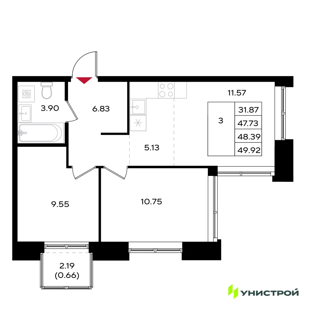Планировка 3-комн. квартира, 48.39 м² ЖК «Уникум на Энгельса»
