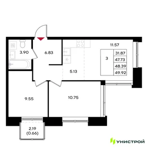 Планировка 3-комн. квартира, 48.39 м² ЖК «Уникум на Энгельса»