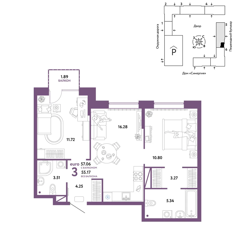 Планировка 3-комн. квартира, 57.06 м² ЖК «Юнион»