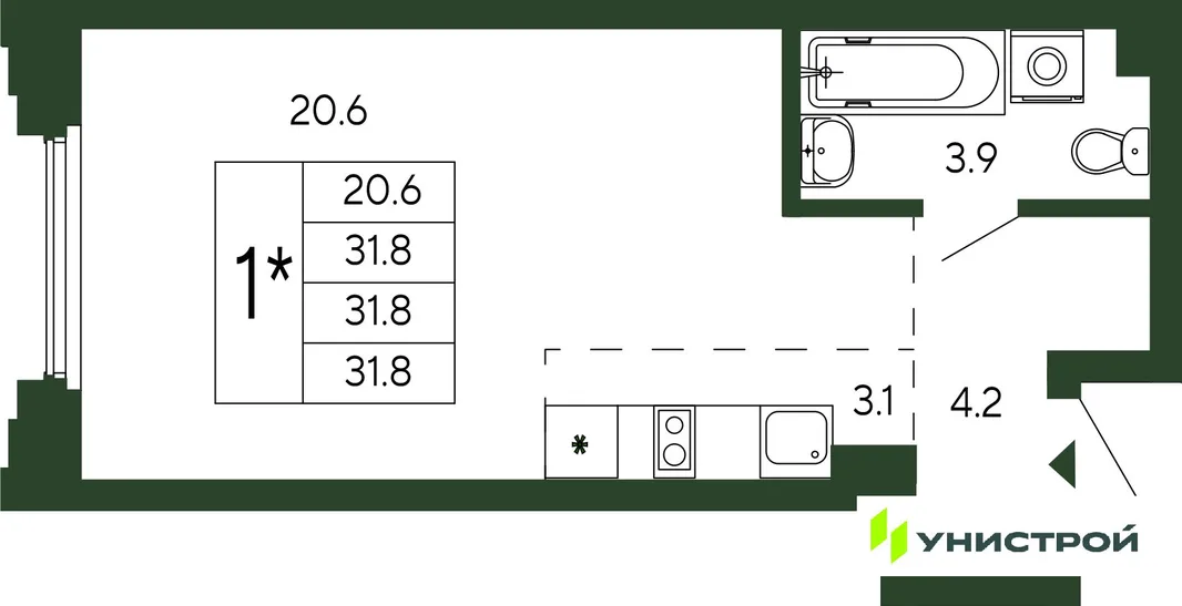Планировка 1-комн. квартира, 31.8 м² ЖК «Парковый квартал 2.0»