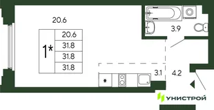 Планировка 1-комн. квартира, 31.8 м² ЖК «Парковый квартал 2.0»
