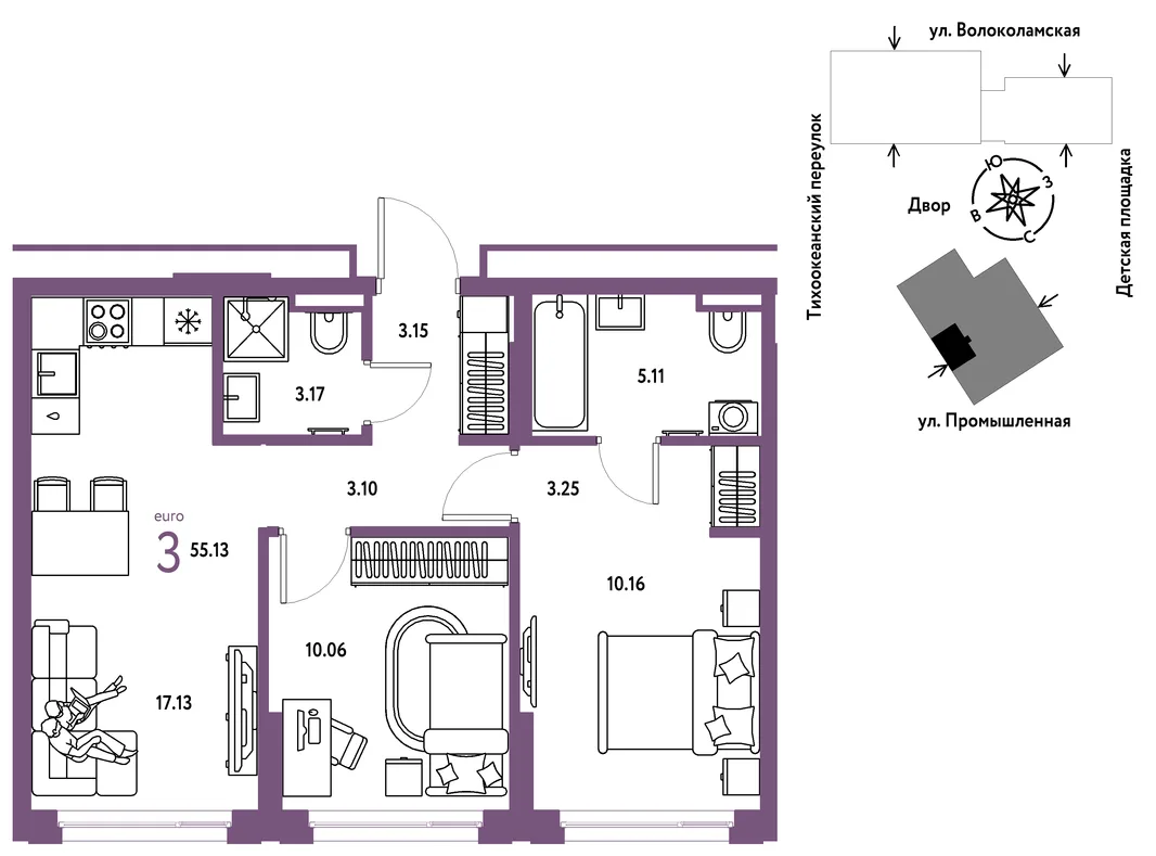 Планировка 3-комн. квартира, 55.13 м² ЖК «Страна Прибрежная»