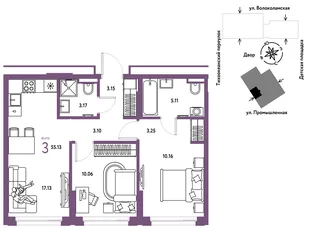 Планировка 3-комн. квартира, 55.13 м² ЖК «Страна Прибрежная»