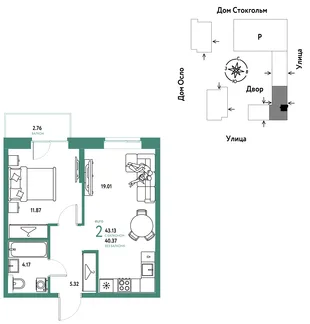 Планировка 2-комн. квартира, 43.13 м² ЖК «Европейский берег 2.0»