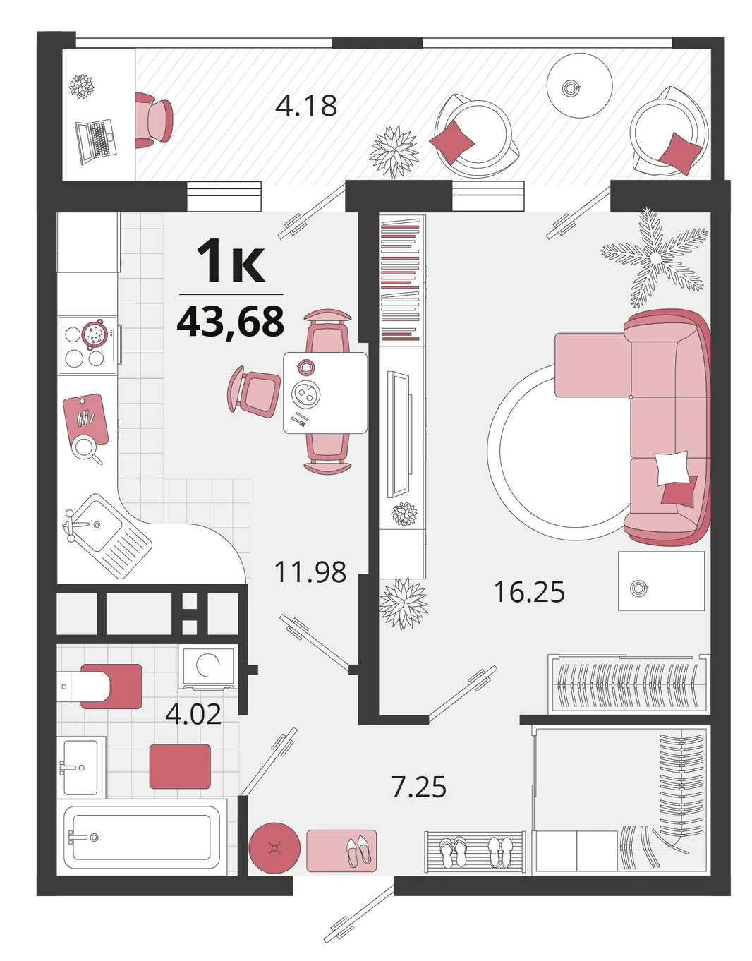 Планировка 1-комн. квартира, 43.55 м² ЖК «Родные просторы»
