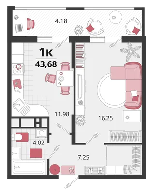 Планировка 1-комн. квартира, 43.55 м² ЖК «Родные просторы»