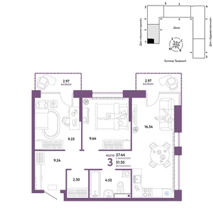 Планировка 3-комн. квартира, 57.44 м² ЖК «Микрорайон Домашний»