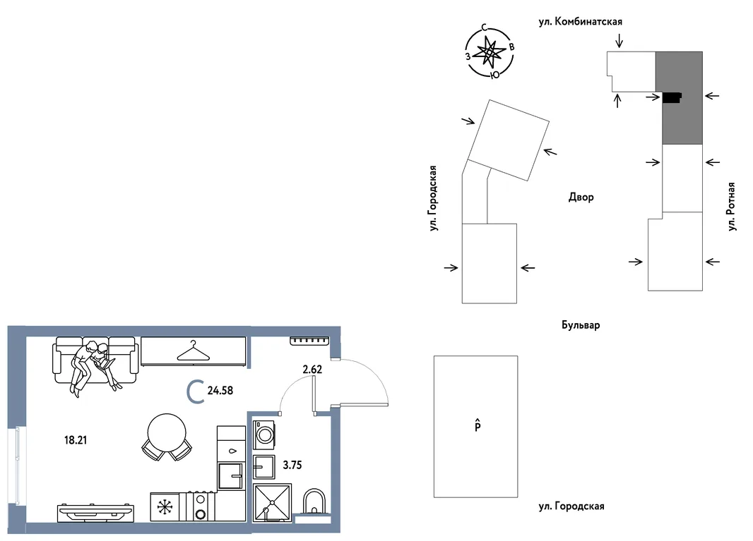 Планировка Студия, 24.58 м² ЖК «Уральский сад»