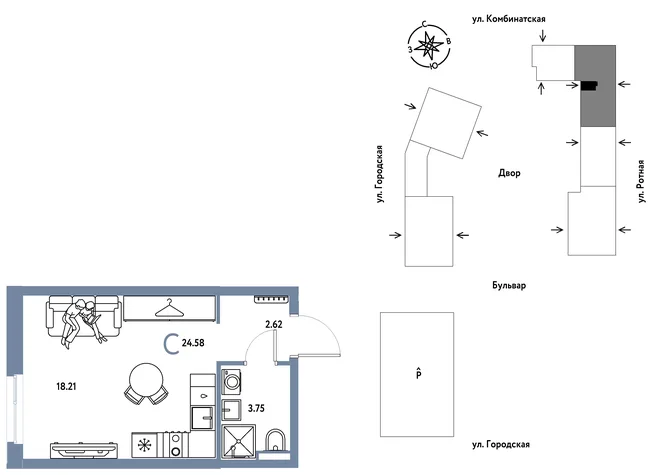 Планировка Студия, 24.58 м² ЖК «Уральский сад» Планировка Студия, 24.58 м² ЖК «Уральский сад»